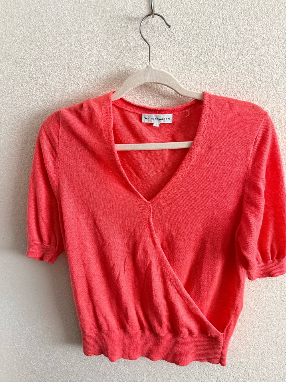 White + Warren Coral Faux Wrap Linen Blend Short Sleeve Top - Small
